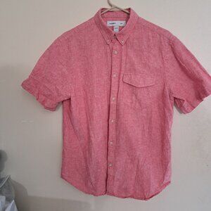 OLD NAVY MENS SHIRT Large SHORT SLEEVE Pink SLIM FIT 1 pocket Linen/Cotton